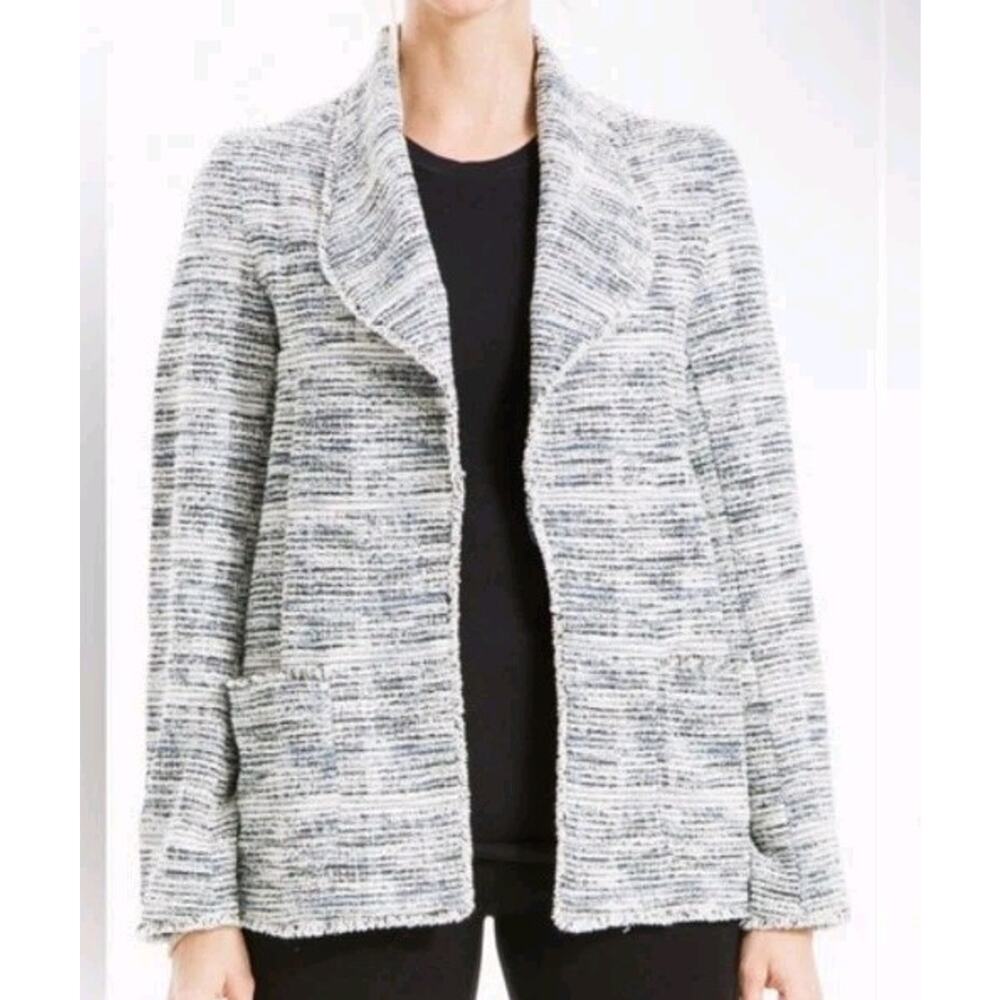 Max Studio tweed Open Front Blazer Jacket Blue White Textured Knit
